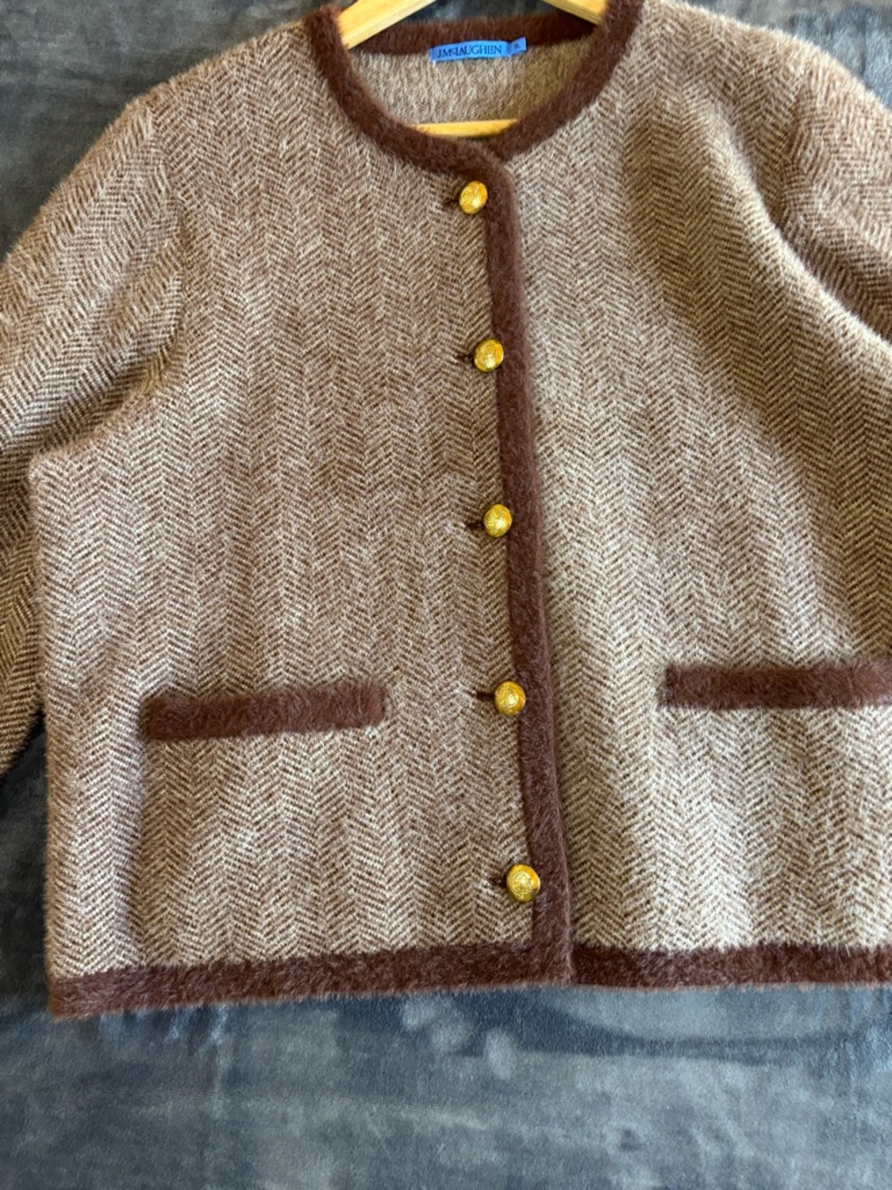 J.McLaughlin Inez Sweater Jacket XL Brown Herringbone Fuzzy Trim Button Cardigan - Picture 5 of 11